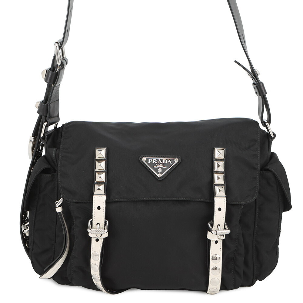 Prada Shoulder Bag Studded Leather Crossbody Black